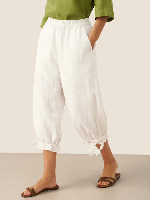 White Linen Pants for Women - 100% Linen Elastic Waist with Ruffled Cuffs and Pockets, Stylish and Comfortable