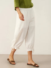 White Linen Pants for Women - 100% Linen Elastic Waist with Ruffled Cuffs and Pockets, Stylish and Comfortable