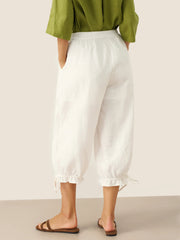 White Linen Pants for Women - 100% Linen Elastic Waist with Ruffled Cuffs and Pockets, Stylish and Comfortable