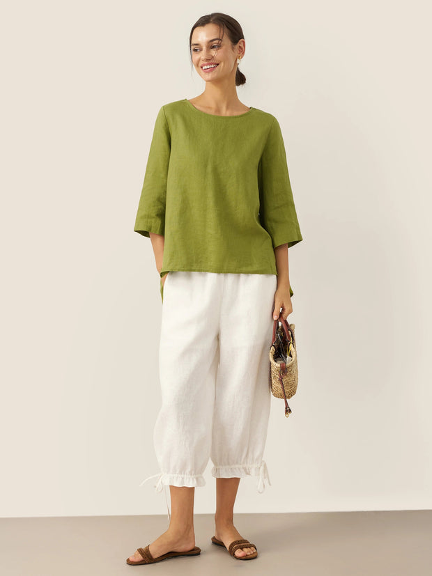 White Linen Pants for Women - 100% Linen Elastic Waist with Ruffled Cuffs and Pockets, Stylish and Comfortable