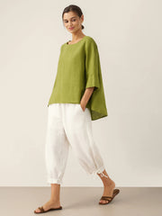 White Linen Pants for Women - 100% Linen Elastic Waist with Ruffled Cuffs and Pockets, Stylish and Comfortable
