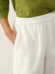 White Linen Pants for Women - 100% Linen Elastic Waist with Ruffled Cuffs and Pockets, Stylish and Comfortable