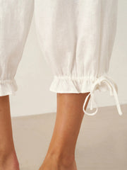 White Linen Pants for Women - 100% Linen Elastic Waist with Ruffled Cuffs and Pockets, Stylish and Comfortable