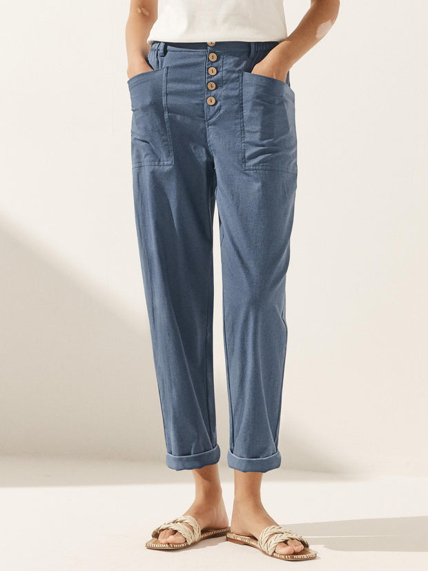 White Linen Pants for Women - Comfortable Tapered Leg Trousers with Button Fly
