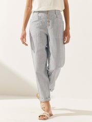 White Linen Pants for Women - Comfortable Tapered Leg Trousers with Button Fly