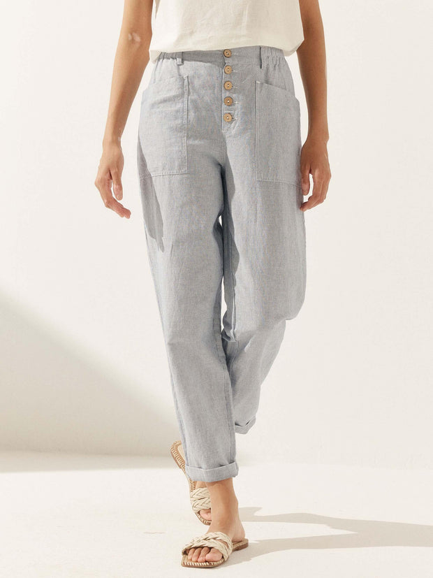 White Linen Pants for Women - Comfortable Tapered Leg Trousers with Button Fly
