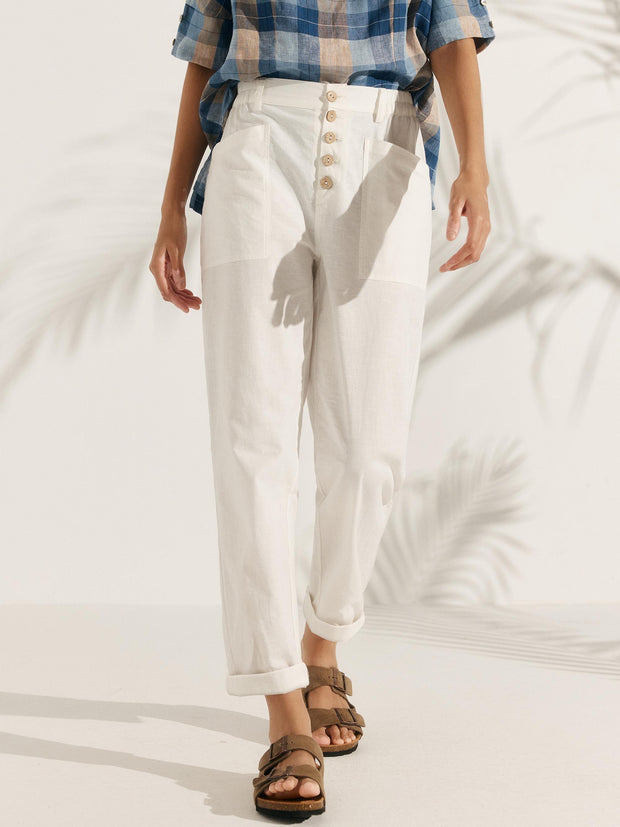 White Linen Pants for Women - Comfortable Tapered Leg Trousers with Button Fly