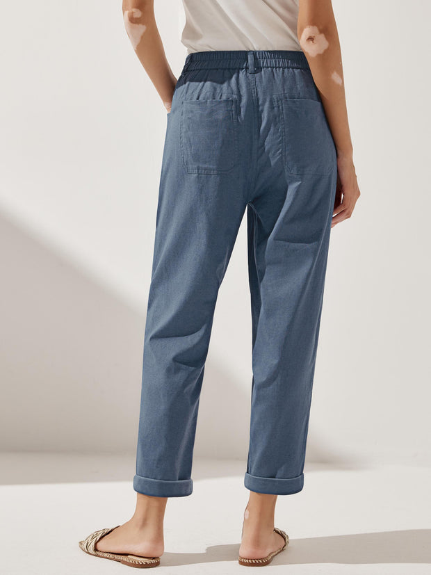 White Linen Pants for Women - Comfortable Tapered Leg Trousers with Button Fly
