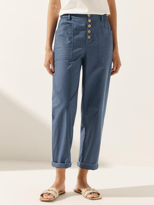White Linen Pants for Women - Comfortable Tapered Leg Trousers with Button Fly