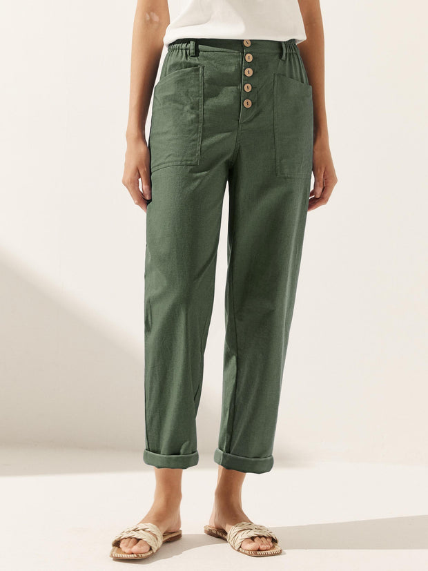 White Linen Pants for Women - Comfortable Tapered Leg Trousers with Button Fly