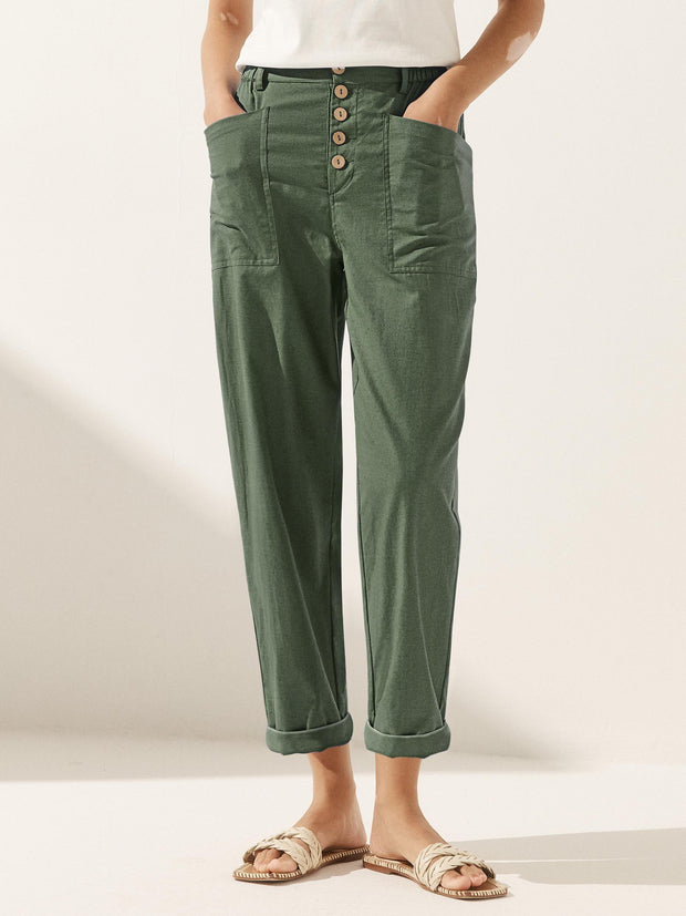 White Linen Pants for Women - Comfortable Tapered Leg Trousers with Button Fly