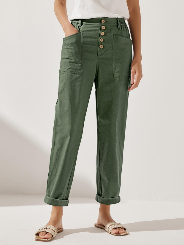 White Linen Pants for Women - Comfortable Tapered Leg Trousers with Button Fly