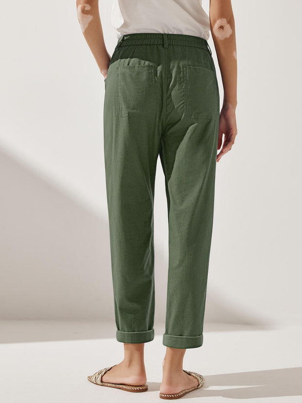 White Linen Pants for Women - Comfortable Tapered Leg Trousers with Button Fly