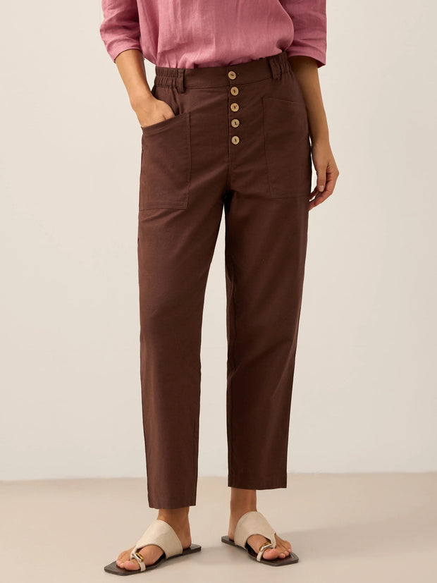 White Linen Pants for Women - Comfortable Tapered Leg Trousers with Button Fly