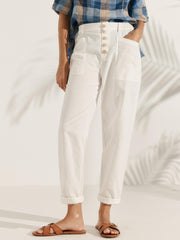 White Linen Pants for Women – Tapered Leg, Button Fly Casual Trousers, Comfortable Fit