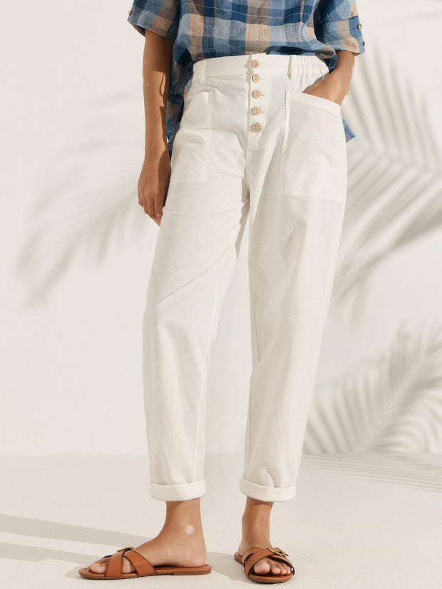White Linen Pants for Women – Tapered Leg, Button Fly Casual Trousers, Comfortable Fit