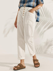 White Linen Pants for Women – Tapered Leg, Button Fly Casual Trousers, Comfortable Fit