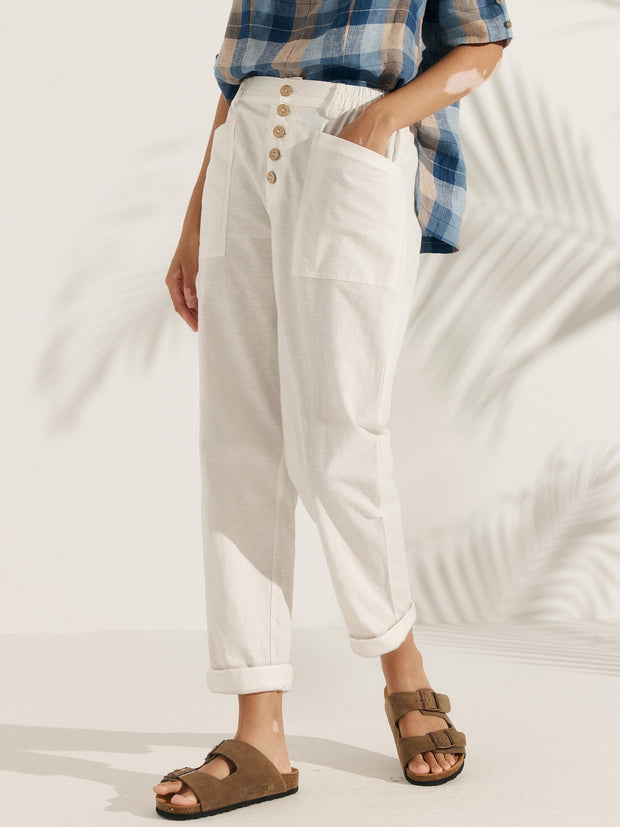 White Linen Pants for Women – Tapered Leg, Button Fly Casual Trousers, Comfortable Fit