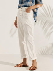 White Linen Pants for Women – Tapered Leg, Button Fly Casual Trousers, Comfortable Fit
