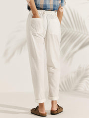 White Linen Pants for Women – Tapered Leg, Button Fly Casual Trousers, Comfortable Fit