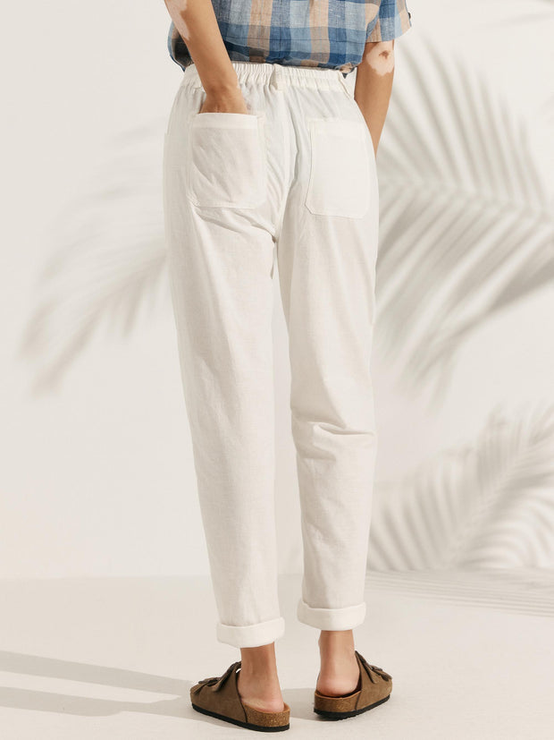 White Linen Pants for Women – Tapered Leg, Button Fly Casual Trousers, Comfortable Fit