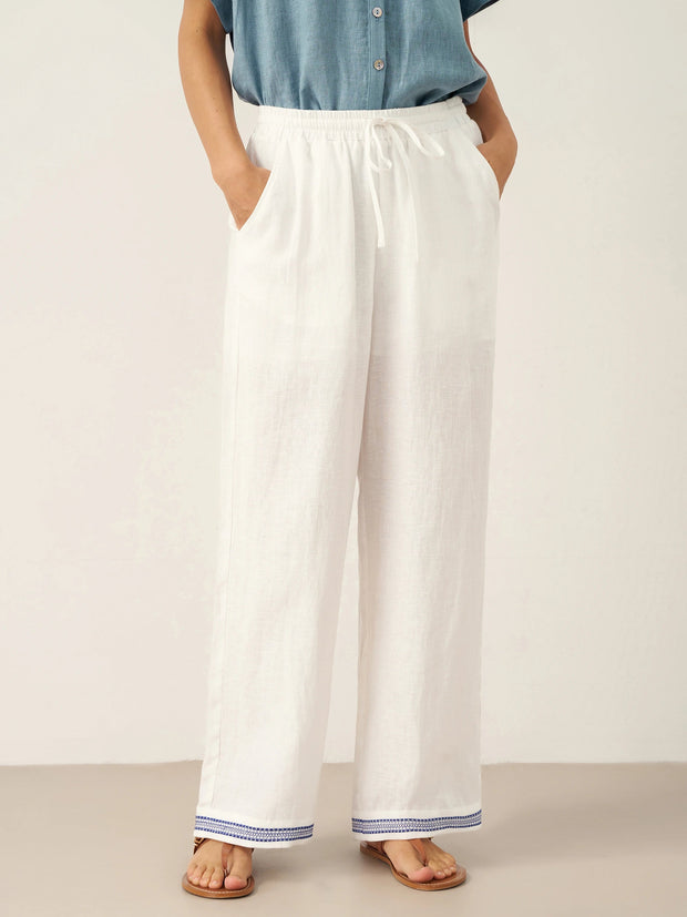 White Linen Pants for Women with Embroidered Hem, Relaxed Fit and Elastic Waist, Side Pockets