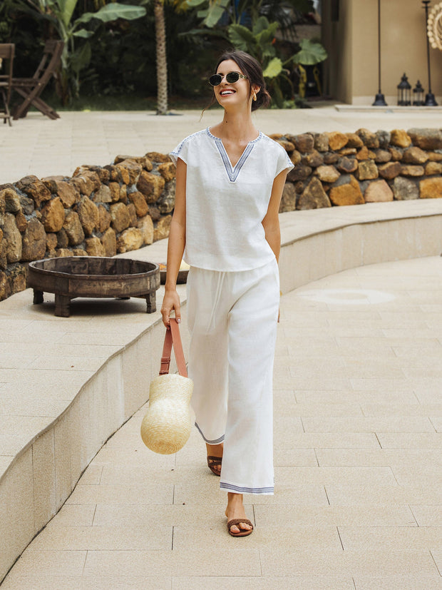 White Linen Pants for Women with Embroidered Hem, Relaxed Fit and Elastic Waist, Side Pockets