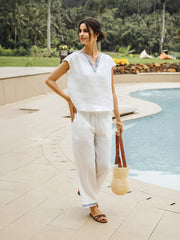 White Linen Pants for Women with Embroidered Hem, Relaxed Fit and Elastic Waist, Side Pockets
