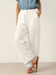 White Linen Pants for Women with Embroidered Hem, Relaxed Fit and Elastic Waist, Side Pockets