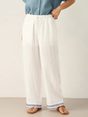White Linen Pants for Women with Embroidered Hem, Relaxed Fit and Elastic Waist, Side Pockets