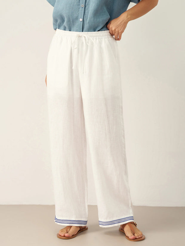 White Linen Pants for Women with Embroidered Hem, Relaxed Fit and Elastic Waist, Side Pockets