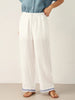 White Linen Pants for Women with Embroidered Hem, Relaxed Fit and Elastic Waist, Side Pockets