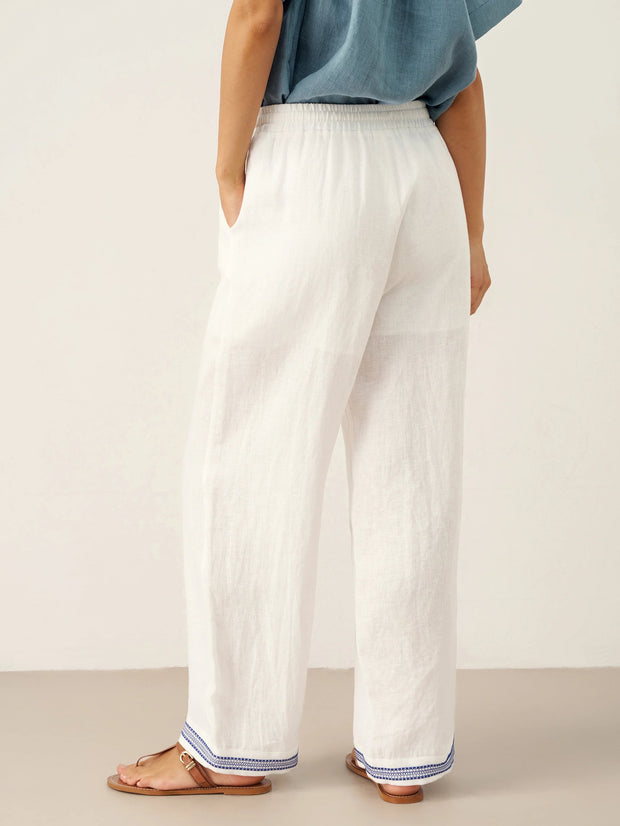 White Linen Pants for Women with Embroidered Hem, Relaxed Fit and Elastic Waist, Side Pockets