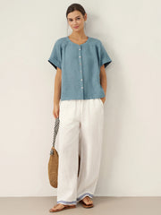 White Linen Pants for Women with Embroidered Hem, Relaxed Fit and Elastic Waist, Side Pockets