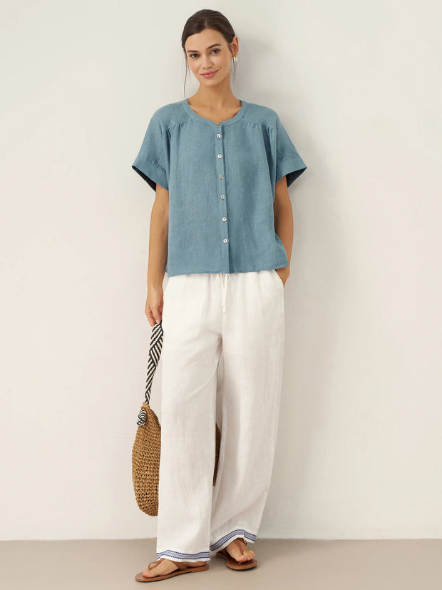 White Linen Pants for Women with Embroidered Hem, Relaxed Fit and Elastic Waist, Side Pockets
