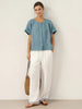 White Linen Pants for Women with Embroidered Hem, Relaxed Fit and Elastic Waist, Side Pockets
