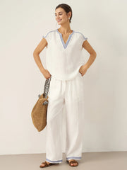 White Linen Pants for Women with Embroidered Hem, Relaxed Fit and Elastic Waist, Side Pockets