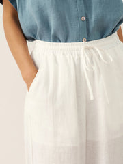 White Linen Pants for Women with Embroidered Hem, Relaxed Fit and Elastic Waist, Side Pockets