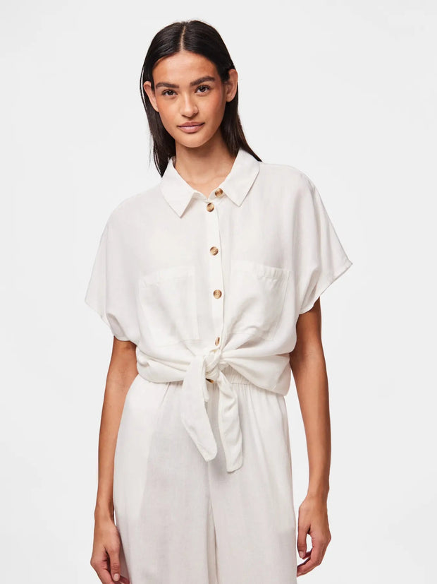 White Linen Tie Blouse for Women – Stylish Long Sleeve Summer Top