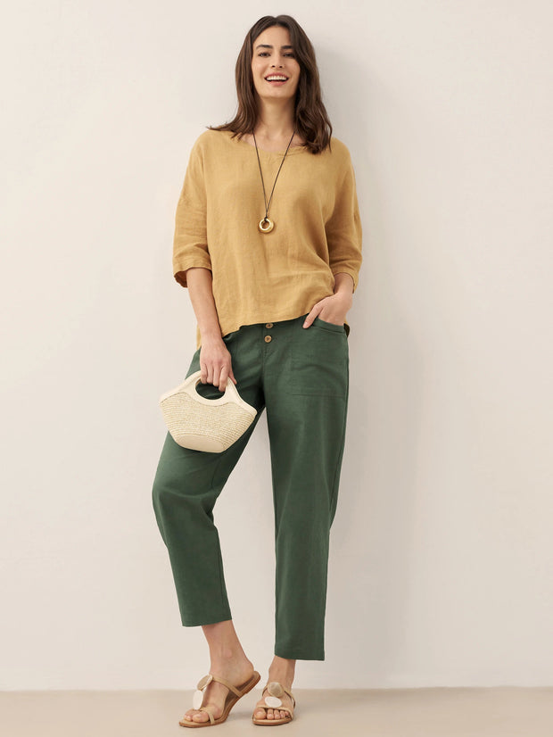 White Linen Trousers for Women - Comfortable Tapered Fit with Button Fly