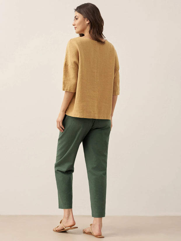 White Linen Trousers for Women - Comfortable Tapered Fit with Button Fly