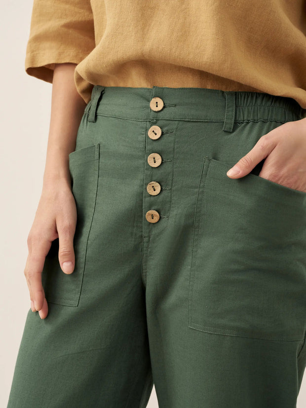 White Linen Trousers for Women - Comfortable Tapered Fit with Button Fly
