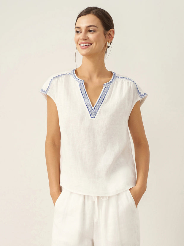White Linen V-Neck Crop Top for Women with Geometric Trim and Pleated Curved Hemline