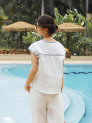 White Linen V-Neck Crop Top for Women with Geometric Trim and Pleated Curved Hemline