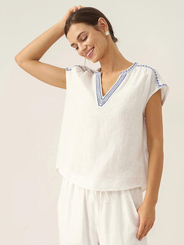 White Linen V-Neck Crop Top for Women with Geometric Trim and Pleated Curved Hemline