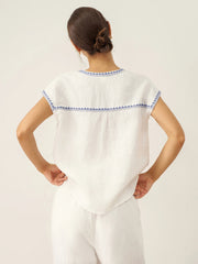 White Linen V-Neck Crop Top for Women with Geometric Trim and Pleated Curved Hemline