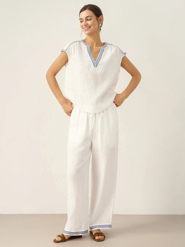 White Linen V-Neck Crop Top for Women with Geometric Trim and Pleated Curved Hemline