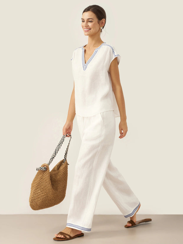 White Linen V-Neck Crop Top for Women with Geometric Trim and Pleated Curved Hemline