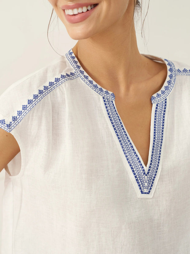 White Linen V-Neck Crop Top for Women with Geometric Trim and Pleated Curved Hemline