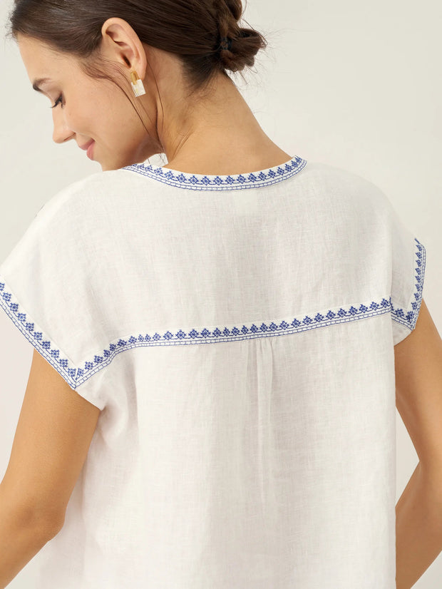 White Linen V-Neck Crop Top for Women with Geometric Trim and Pleated Curved Hemline